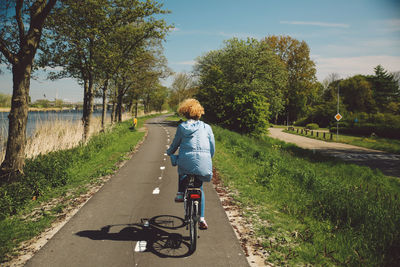 Rear view of woman with curly hair riding bicycle on road during sunny day