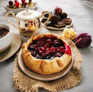 Close-up of cake served on table