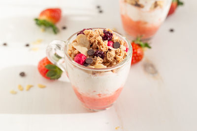 Close-up of dessert in glass on table
