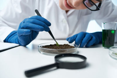 Midsection of boy examining plant in laboratory