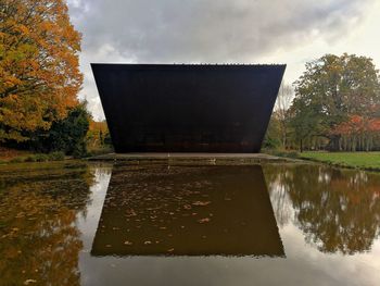 Reflection of tree on lake against sky