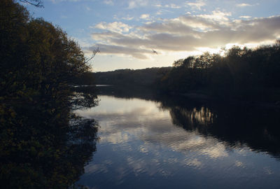 Scenic view of lake against sky at sunset