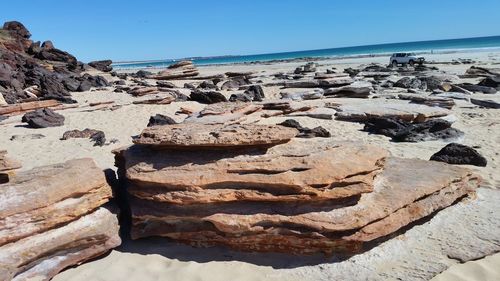 Panoramic view of beach against clear blue sky