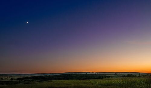 Scenic view of field against clear sky during sunset