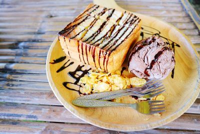 High angle view of dessert in plate on table