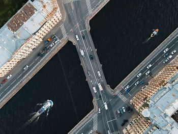 View from above on ismaylovsky bridge across fontanka river. blurred car motion on bridge. 