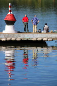 Men sitting on boat in lake