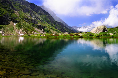 Scenic view of lake and mountains against sky