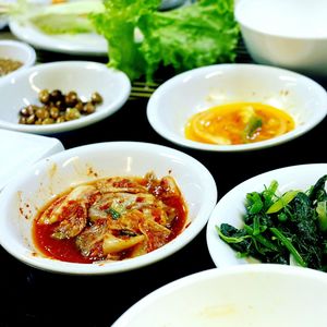 High angle view of food served on table