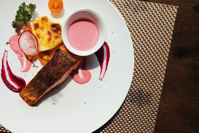 High angle view of breakfast served on table