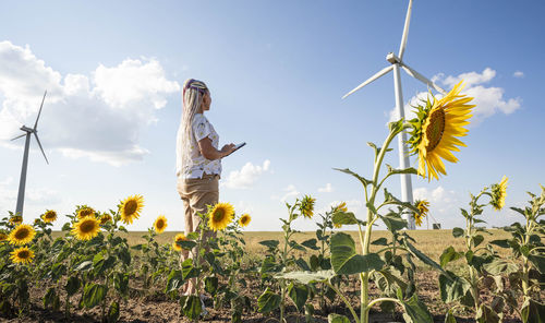 Young woman with tablet in field with sunflowers, wind turbines for green energy production, eco