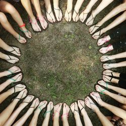 High angle view of people on field