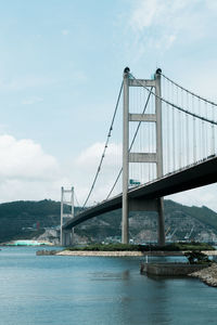 View of suspension bridge against cloudy sky