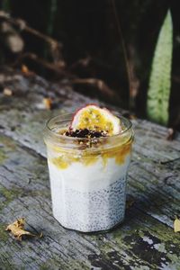 Close-up of ice cream in glass on table
