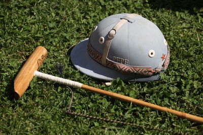 High angle view of skateboard on field