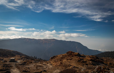 Himalayan breathtaking landscape with bright blue sky