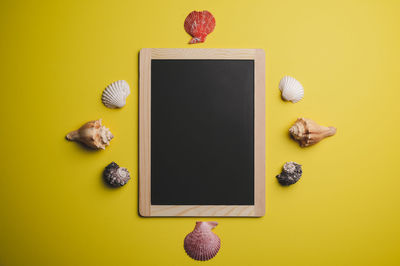 Directly above shot of yellow and knife on table