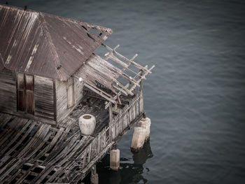 High angle view of abandoned ship on sea