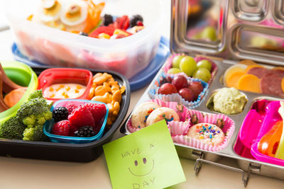 Close-up of colorful food on table