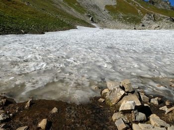 High angle view of water flowing through rocks