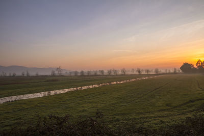 Scenic view of field against sky during sunset