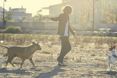 Side view of woman playing with dogs at beach