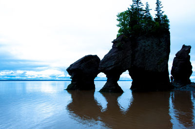 Rock formation in sea against sky