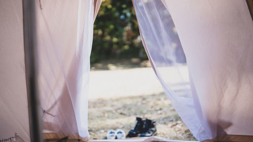 Close-up of tent on beach