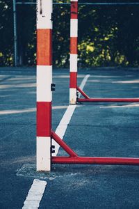 Road sign on pole in city