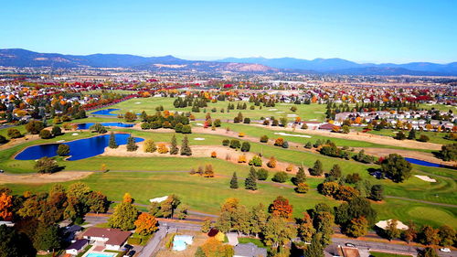 High angle view of town against clear sky