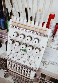 High angle view of various buttons