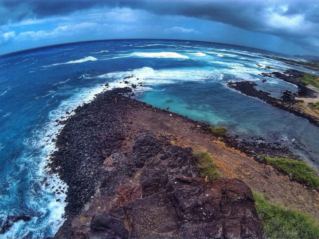 sea, horizon over water, water, sky, beach, scenics, cloud - sky, beauty in nature, tranquil scene, tranquility, shore, nature, cloudy, wave, cloud, idyllic, surf, coastline, rock - object, high angle view