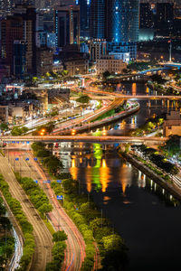 High angle view of illuminated city at night