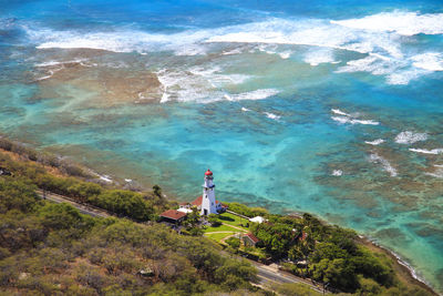 High angle view of building by sea