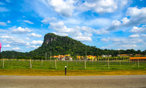 Scenic view of green field next to lush hill