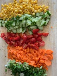 High angle view of chopped vegetables on table
