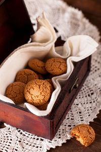 High angle view of cookies in tray