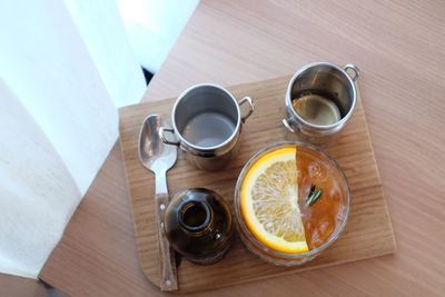 High angle view of breakfast on table