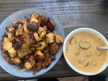 High angle view of food in plate on table