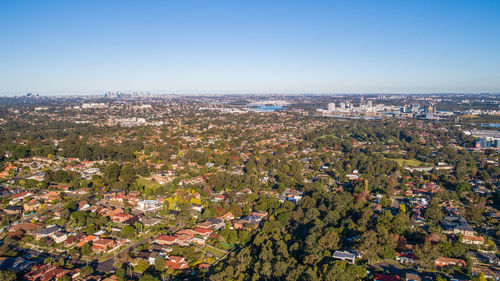 High angle view of townscape against clear sky