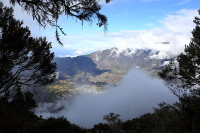 Scenic view of mountains against cloudy sky