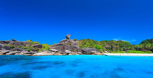 Scenic view of sea against clear blue sky