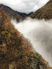 Scenic view of waterfall in forest against sky