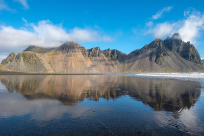 Scenic view of lake and mountains against sky