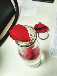 High angle view of jar on table