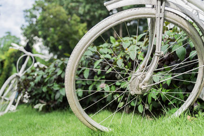 Close-up of bicycle wheel on field