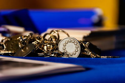 Close-up of coins on table