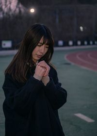 Beautiful woman standing with text