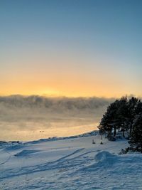 Scenic view of snow covered landscape against sky