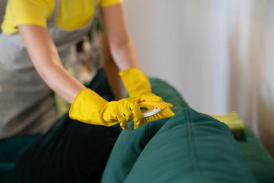 The maid cleans the sofa from dog hair. removing dog's hair from furniture. housekeeping service